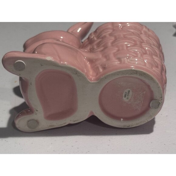 Pink Rabbit Egg Basket Tooth Pick Holder Pin Cushion CeramicFigurine Easter 5” - Picture 6 of 6